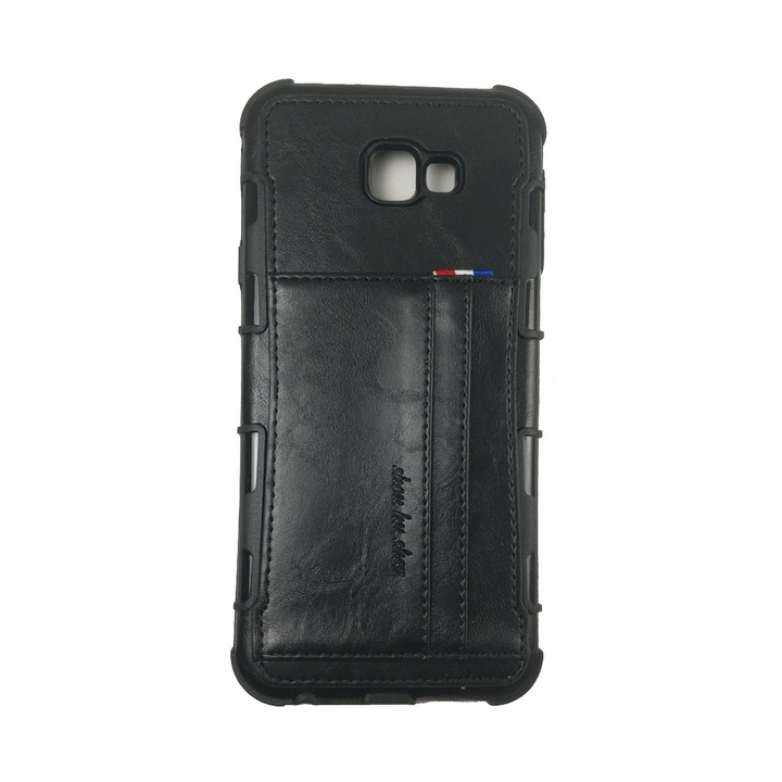 Husa de protectie compatibila cu Samsung Galaxy J4 Plus silicon cu imitatie din piele, Neagra, suport carduri, carcasa antisoc