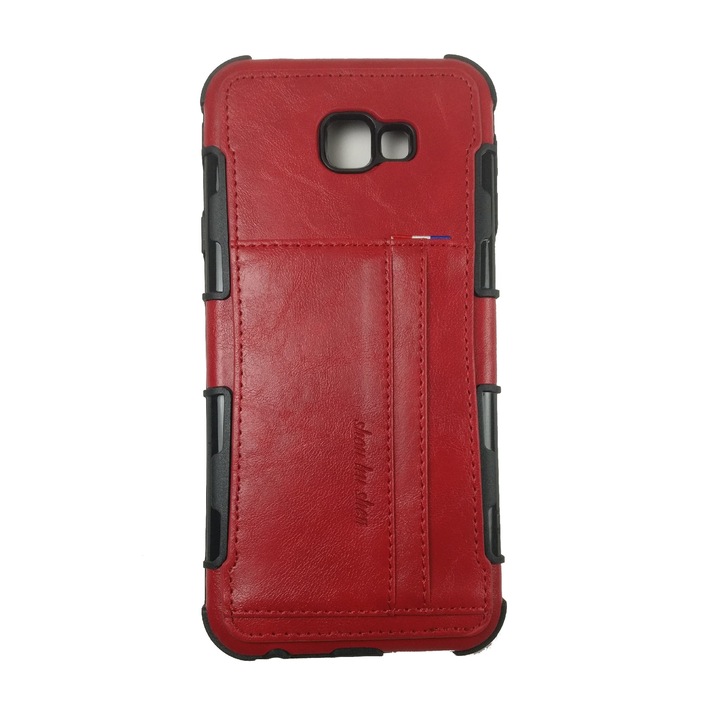 Husa de protectie compatibila cu Samsung Galaxy J4 Plus silicon cu imitatie din piele, Rosu, suport carduri, carcasa antisoc