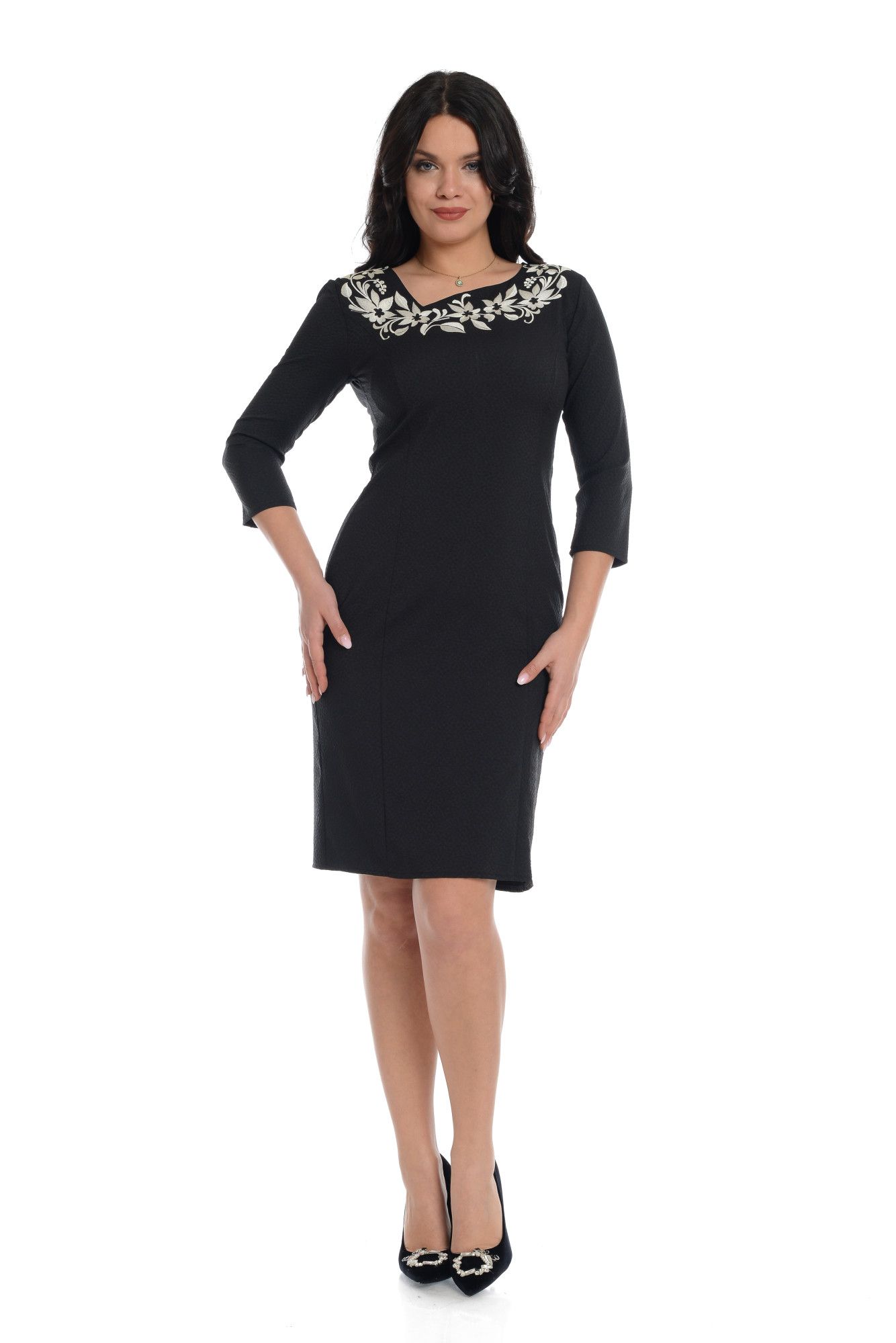 Rochie, model broderie decolteu, negru, Negru