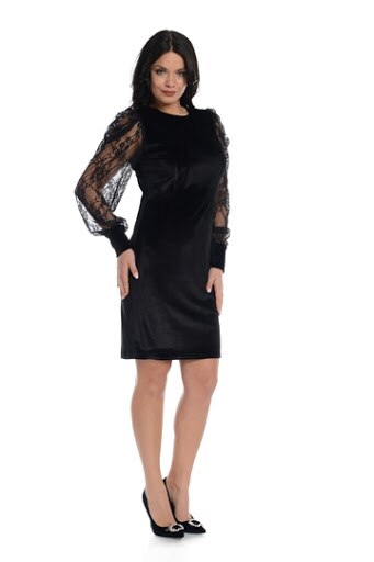 Rochie maneci dantela, negru, Negru