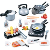 Set de Gatit pentru Copii, HOME KITCHEN, 36 de Piese, Calitate Excelenta, Plita cu Inductie, Grill, Tocator, Ceainic, Accesorii pentru Gatit, Gri/Negru