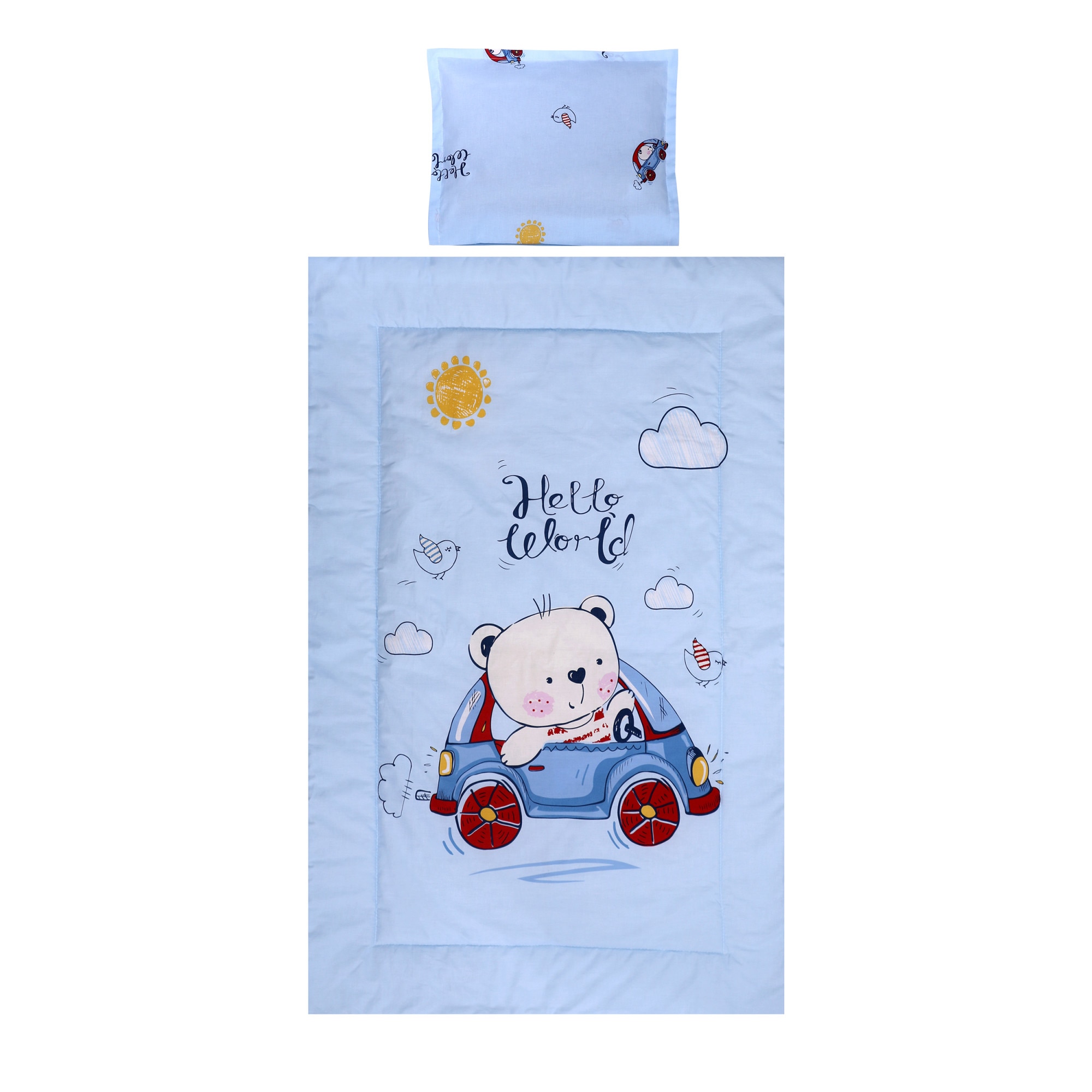 Lenjerie patut Lorelli, 3 piese, 60 x 120 cm, Bear Car Blue, Ursulet, Albastru