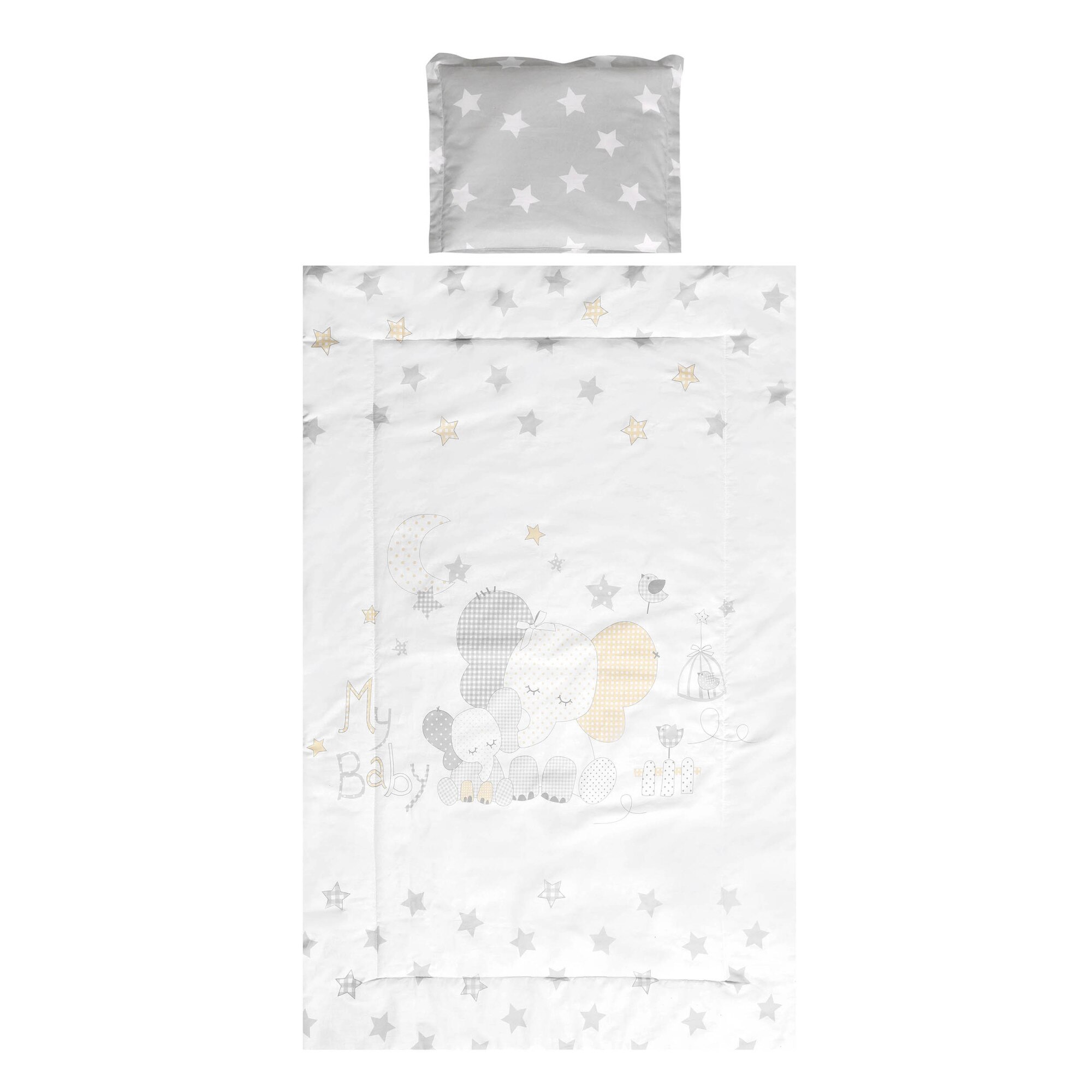 Lenjerie patut Lorelli, 3 piese, 60 x 120 cm, Elephant Stars Grey, Elefanti, Alb/Gri
