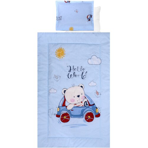 Lenjerie patut Lorelli, 4 piese, 60 x 120 cm, Bear Car Blue, Ursulet, Albastru