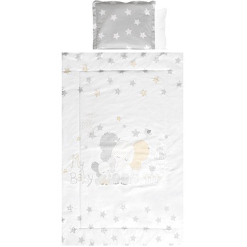 Lenjerie patut Lorelli, 4 piese, 60 x 120 cm, Elephant Stars Grey, Elefanti, Alb/Gri Lenjerie patut Lorelli, 4 piese, 60 x 120 cm, Elephant Stars Grey, Elefanti, Alb/Gri