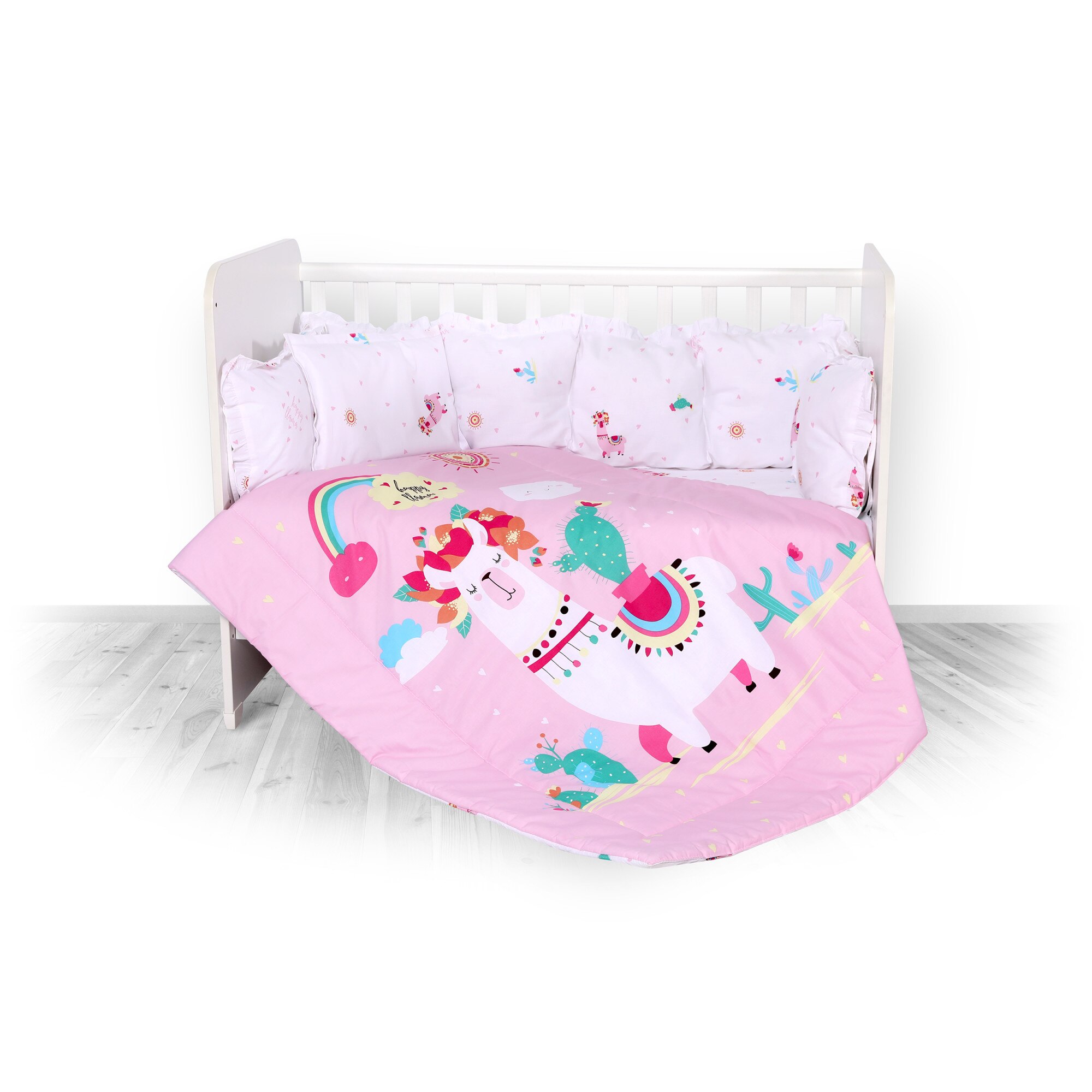 Lenjerie patut Lorelli, 7 piese, 60 x 120 cm, Happy Lama Pink, Lama, Roz
