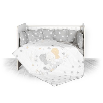 Lenjerie patut Lorelli, 7 piese, 60 x 120 cm, Elephant Stars Grey, Elefanti, Alb/Gri Lenjerie patut Lorelli, 7 piese, 60 x 120 cm, Elephant Stars Grey, Elefanti, Alb/Gri