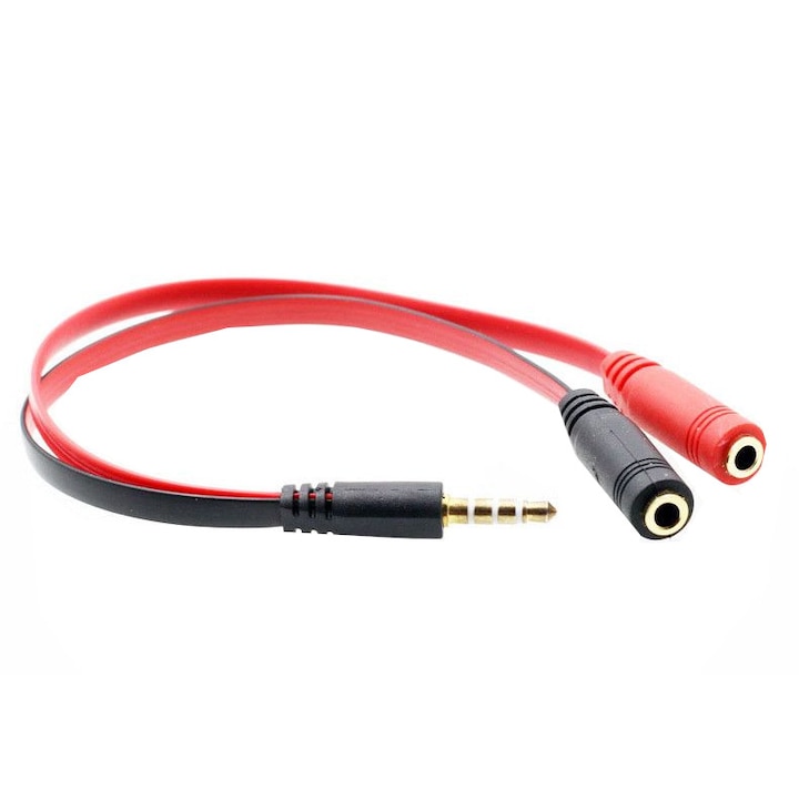 OEM audiokábel-csatlakozó, jack 3,5 mm-es apa és 2 x jack 3,5 mm-es sztereó anya, 20 cm-es, fekete, piros