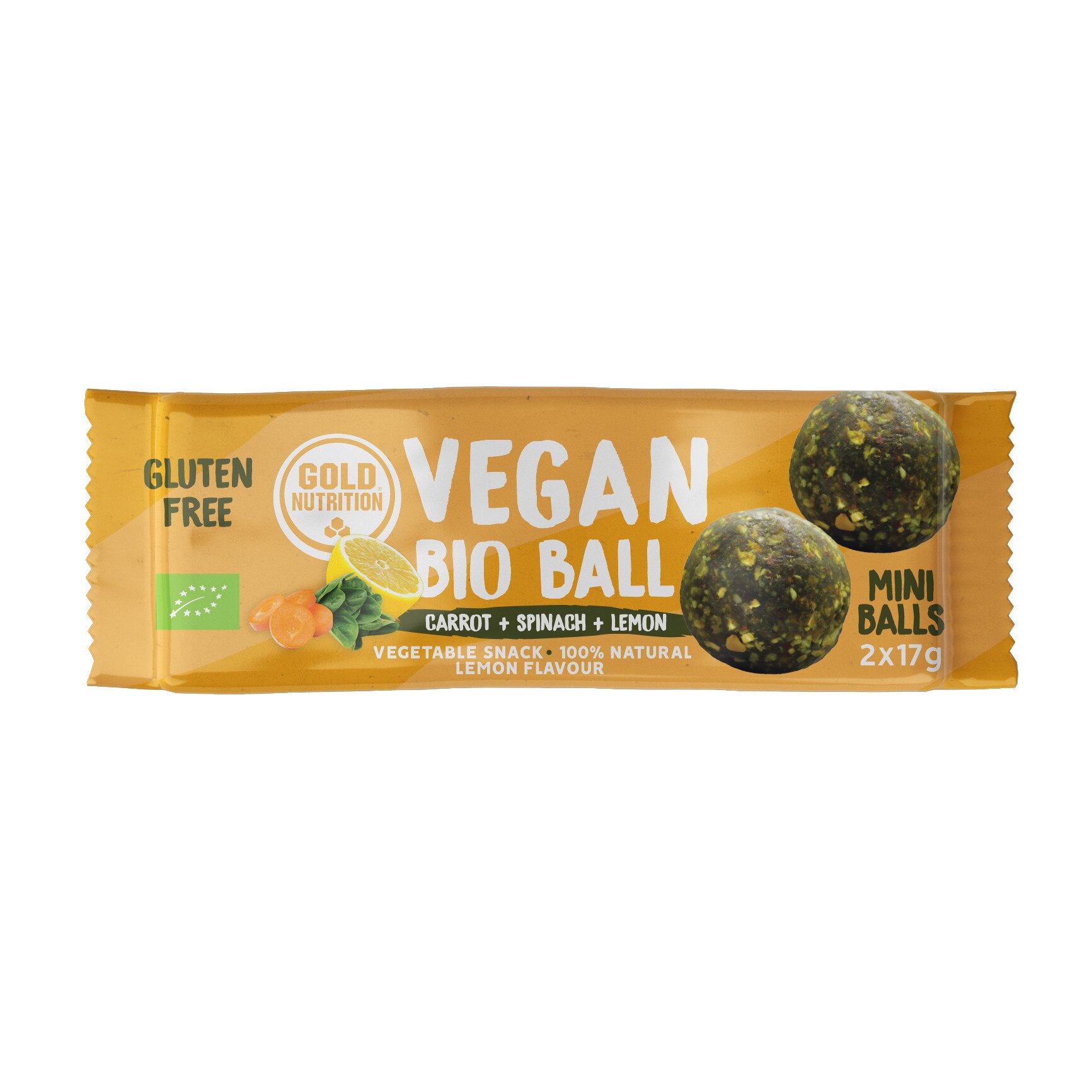 Bile vegane energizante, GoldNutrition, Bile vegane bio mini cu morcov, spanac si lamaie, 2 x 17 g