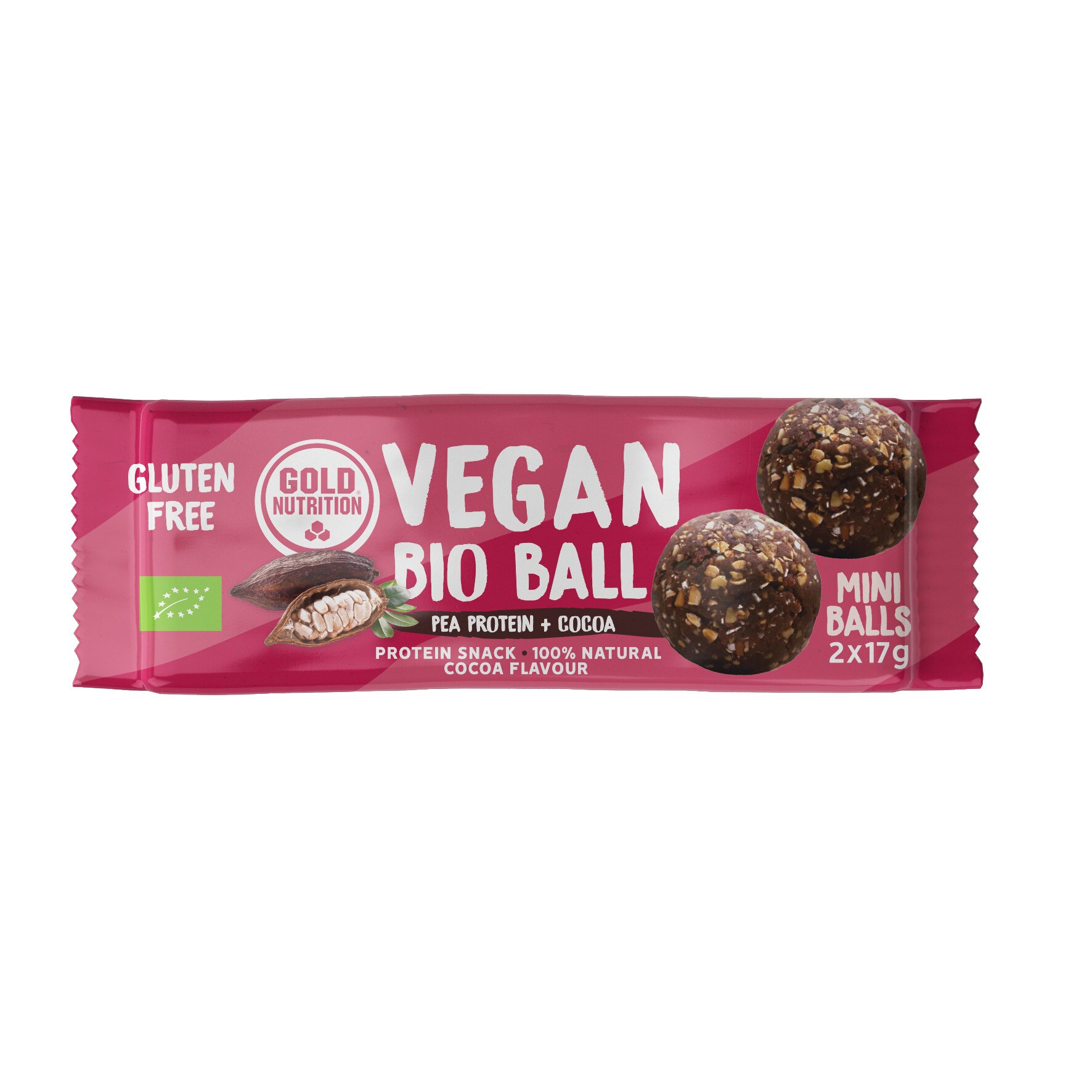 Bile vegane energizante, GoldNutrition, Bile vegane bio mini cu proteina din mazare si cacao, 2 x 17 g