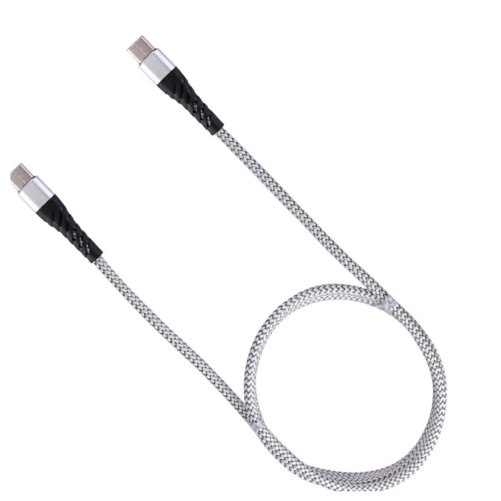 Кабел за зареждане/пренос на данни, USB-C към USB-C, дължина 1M, подсилен, сребрист, BBL1391