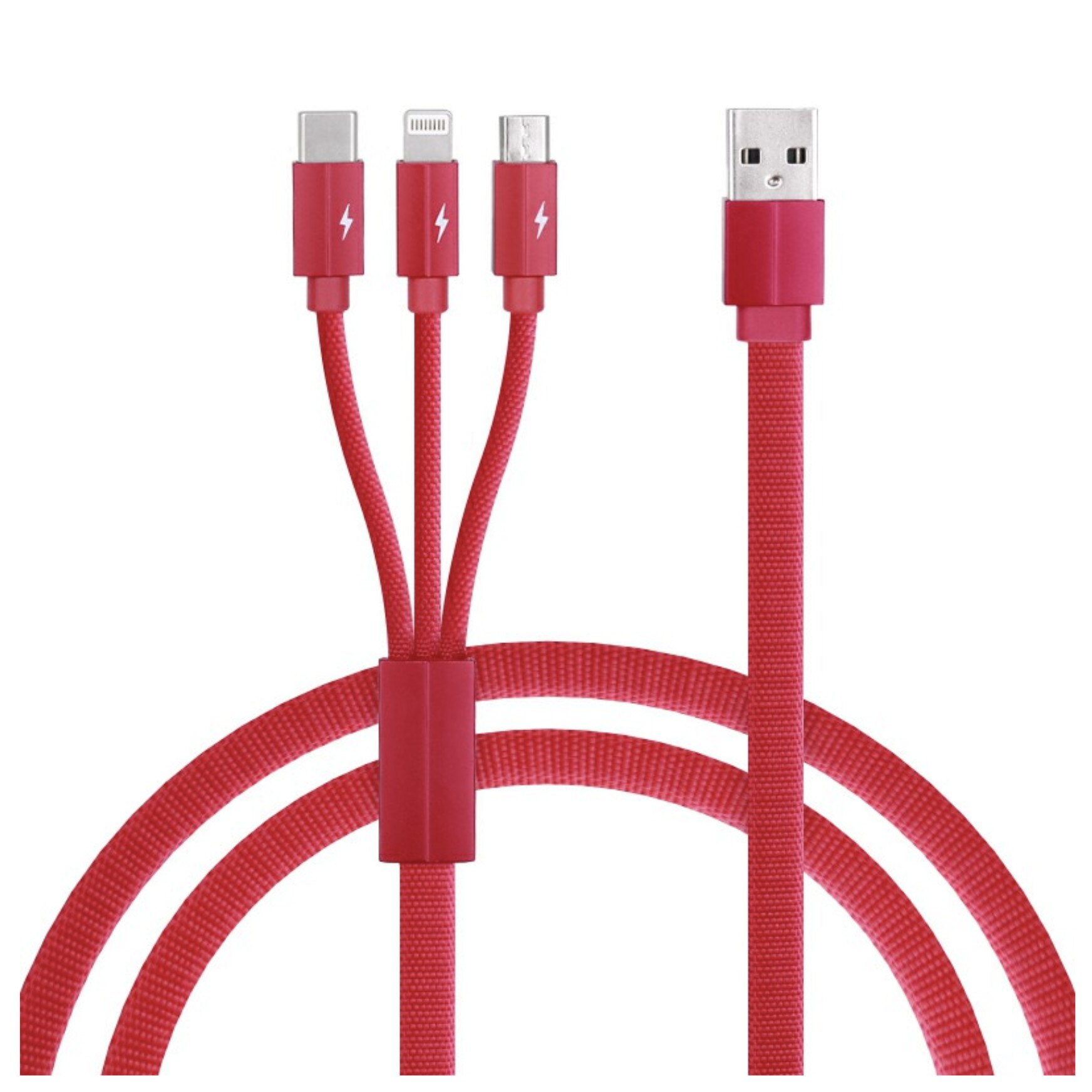 Cablu de incarcare/transfer date 3 in 1 USB la Lightning, USB-C, Micro USB, lungime 1.2M, ranforsat, Rosu, BBL1393