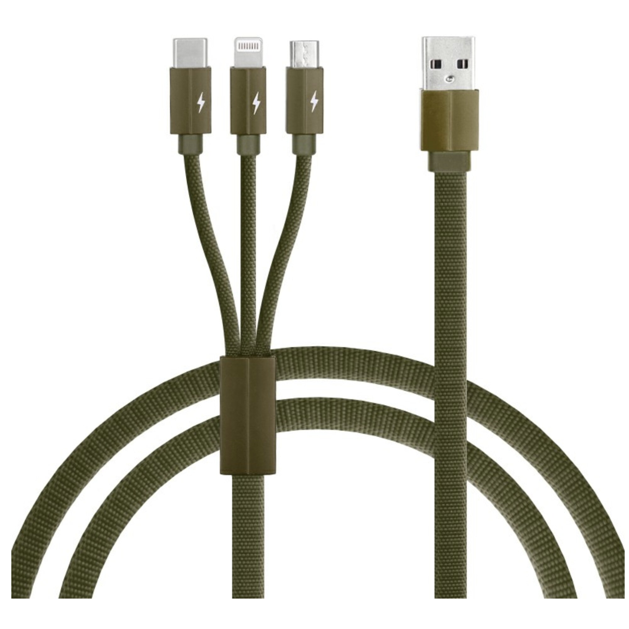 Cablu de incarcare/transfer date 3 in 1 USB la Lightning, USB-C, Micro USB, lungime 1.2M, ranforsat, Verde, BBL1394