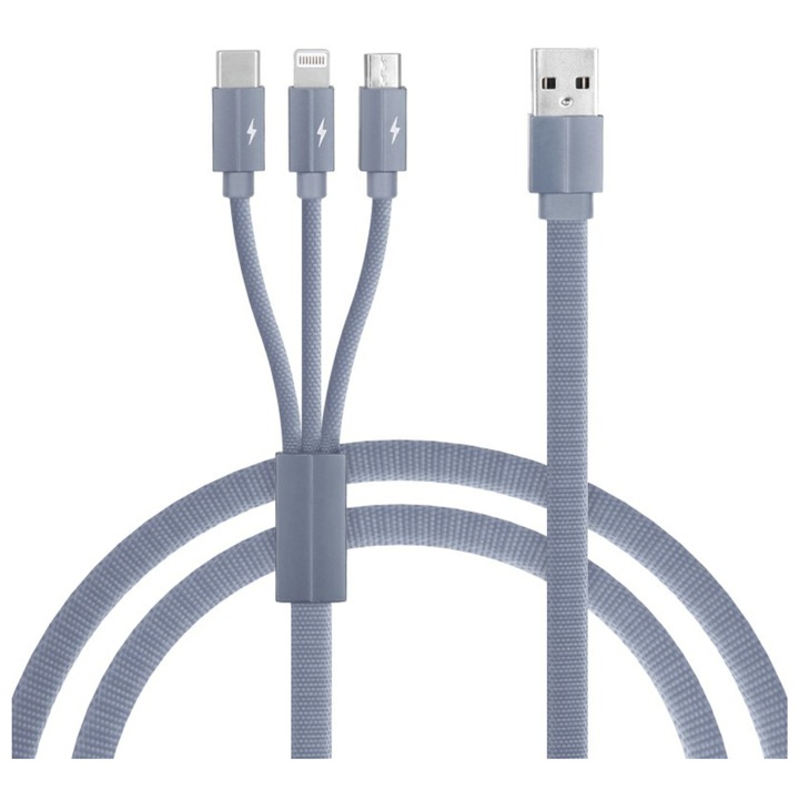 Кабел за зареждане/пренос на данни 3 в 1 USB към Lightning, USB-C, Micro USB, дължина 1.2M, подсилен, сив, BBL1395