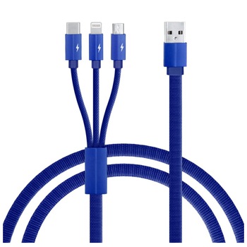 Cablu de incarcare/transfer date 3 in 1 USB la Lightning, USB-C, Micro USB, lungime 1.2M, ranforsat, Albastru, BBL1396 Cablu de incarcare/transfer date 3 in 1 USB la Lightning, USB-C, Micro USB, lungime 1.2M, ranforsat, Albastru, BBL1396