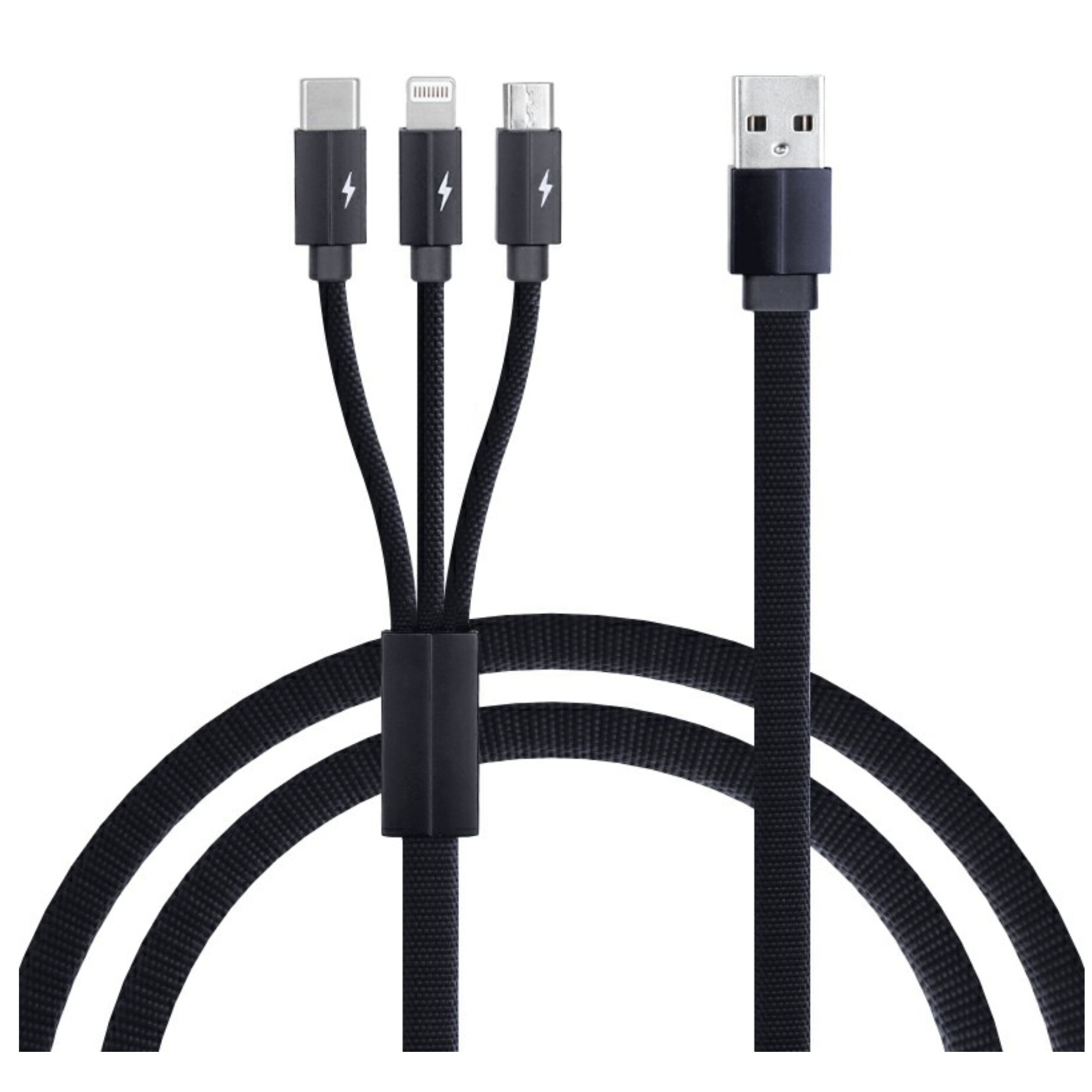 Cablu de incarcare/transfer date 3 in 1 USB la Lightning, USB-C, Micro USB, lungime 1.2M, ranforsat, Negru, BBL1397