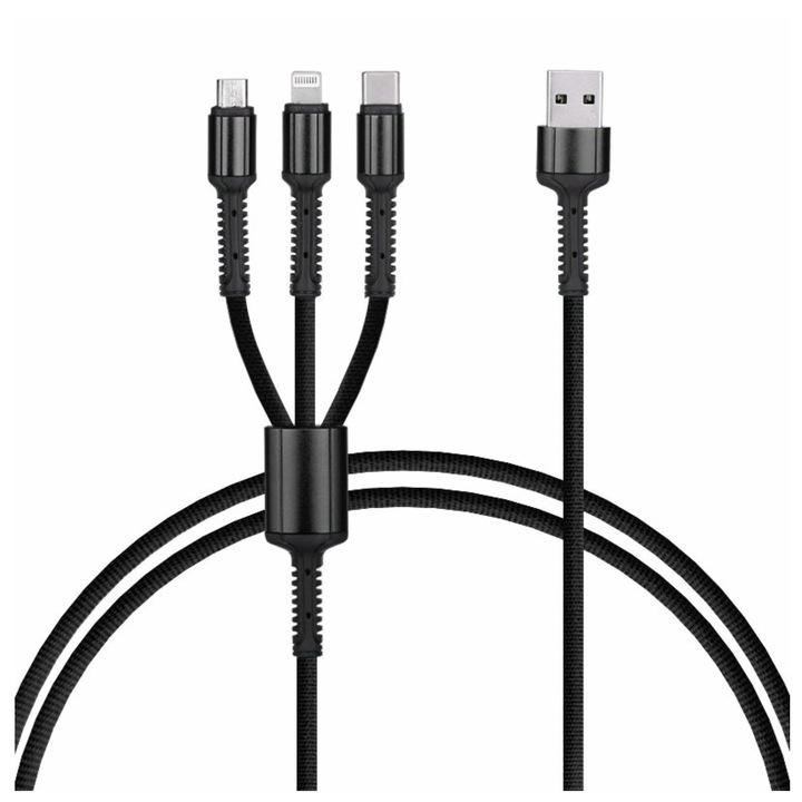 Кабел за зареждане/пренос на данни 3 в 1 USB към Lightning, USB-C, Micro USB, дължина 1,2M, подсилен, черен, BBL1398