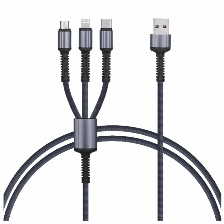 Кабел за зареждане/пренос на данни 3 в 1 USB към Lightning, USB-C, Micro USB, дължина 1.2M, подсилен, сив, BBL1399