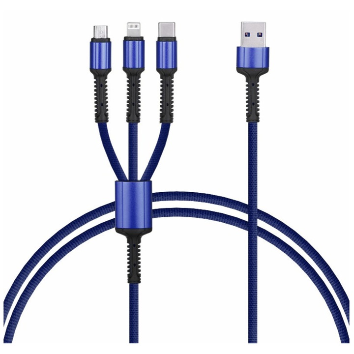 Кабел за зареждане/пренос на данни 3 в 1 USB към Lightning, USB-C, Micro USB, дължина 1.2M, подсилен, син, BBL1400