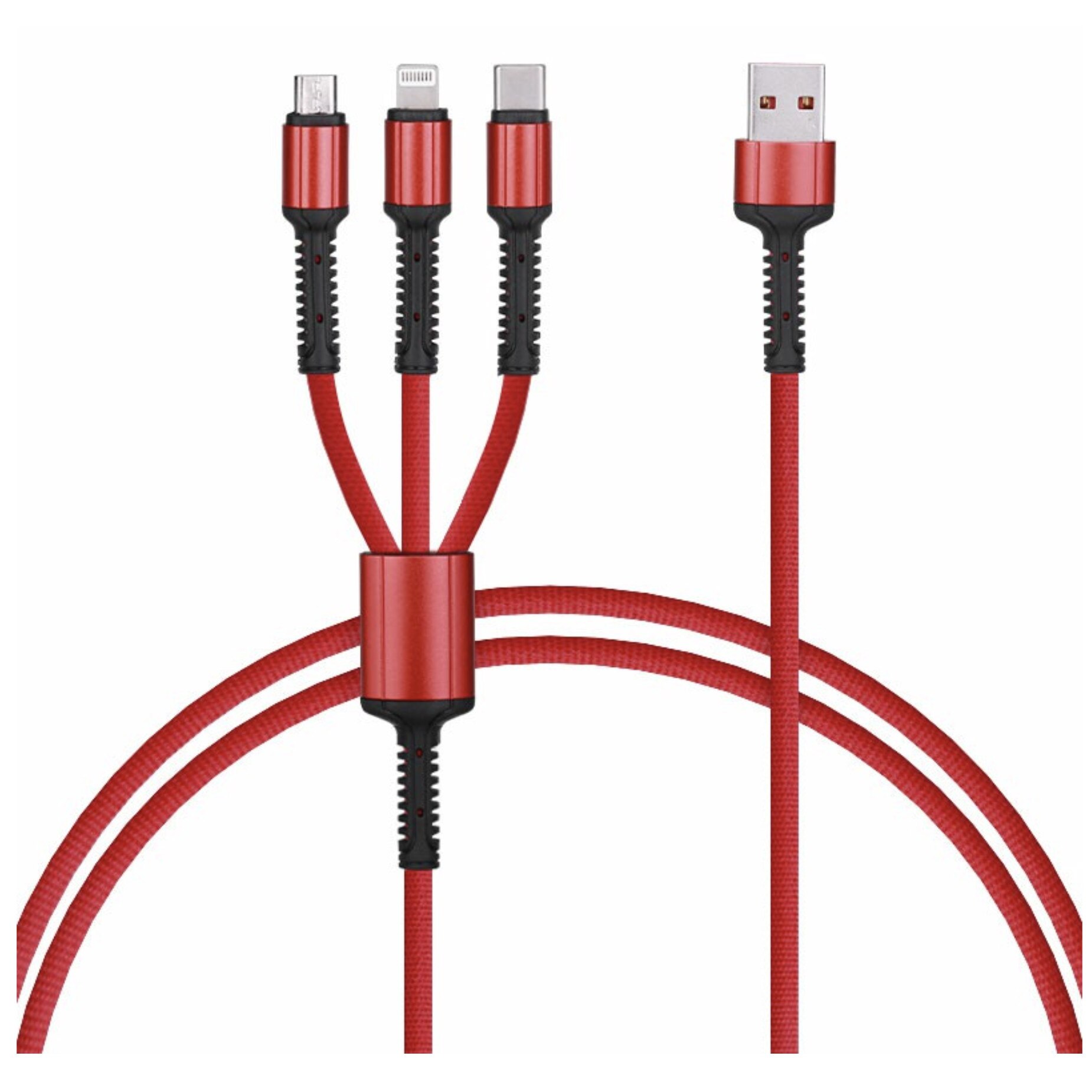 Cablu de incarcare/transfer date 3 in 1 USB la Lightning, USB-C, Micro USB, lungime 1.2M, ranforsat, Rosu, BBL1401