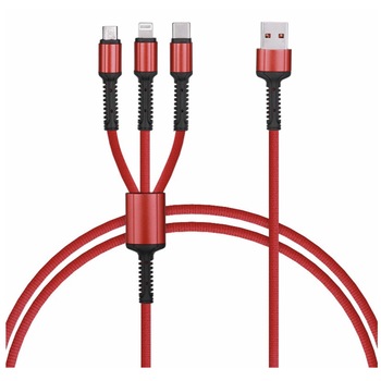 Cablu de incarcare/transfer date 3 in 1 USB la Lightning, USB-C, Micro USB, lungime 1.2M, ranforsat, Rosu, BBL1401 Cablu de incarcare/transfer date 3 in 1 USB la Lightning, USB-C, Micro USB, lungime 1.2M, ranforsat, Rosu, BBL1401
