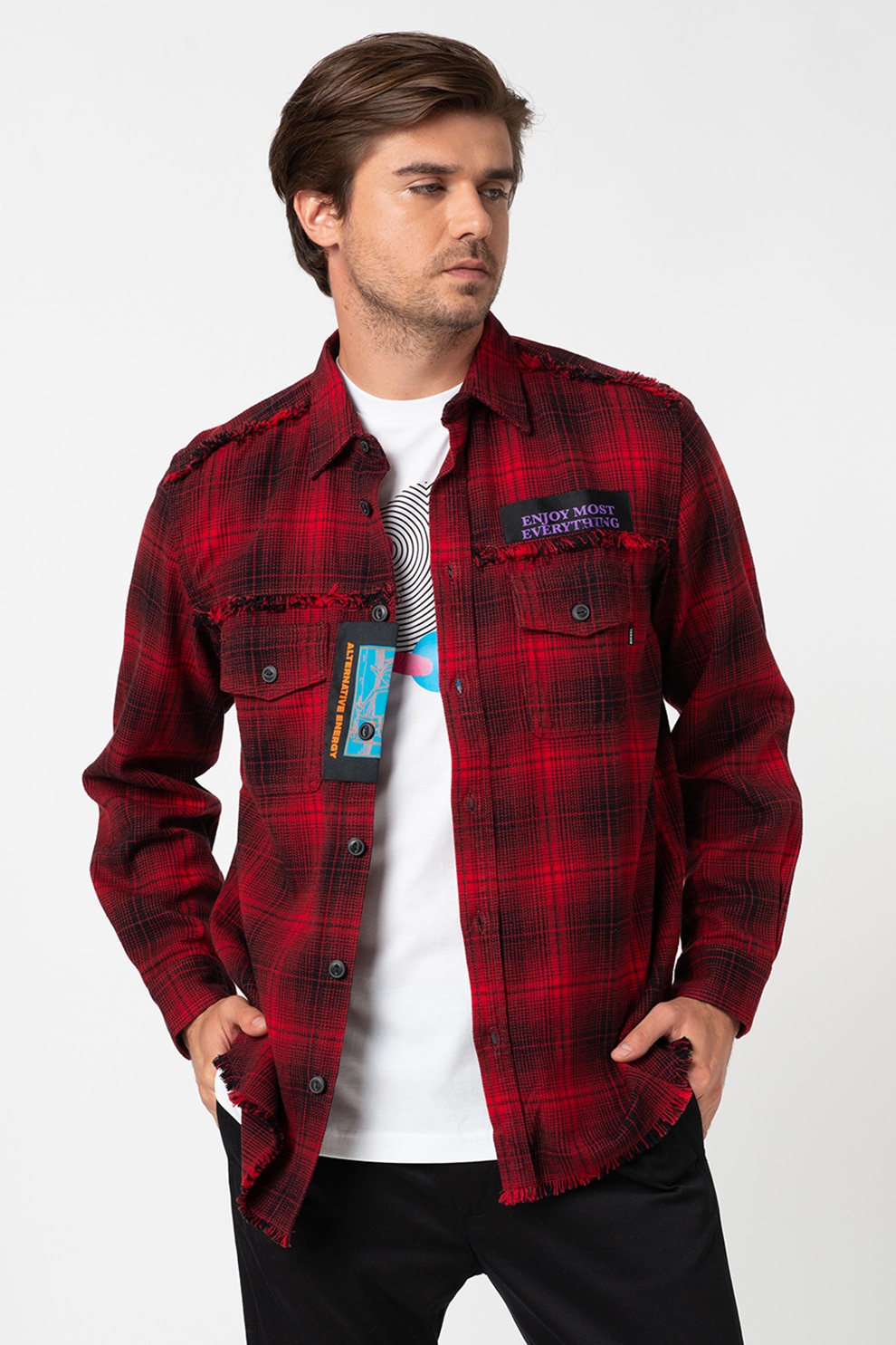 Diesel, Camasa in carouri, cu terminatii franjurate Miller, Rosu inchis/Negru