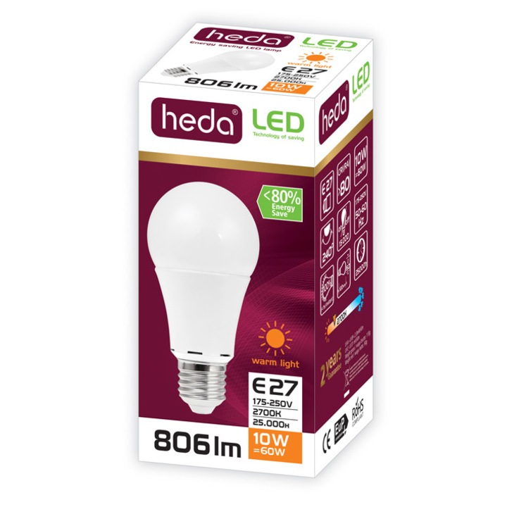 Bec led Heda A60 E27 normal 10W lumina calda 3000K 806lm