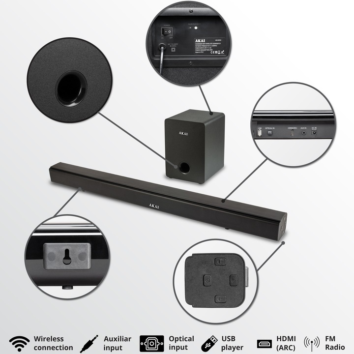 Soundbar AKAI ASB-6WSW, 2.1 канала, 70 W, Bluetooth, USB, HDMI (ARC), Aux in, Radio FM, LED дисплей, Дистанционно управление