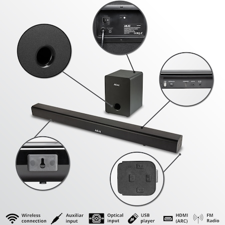 Soundbar AKAI ASB-6WSW, 2.1 канала, 70 W, Bluetooth, USB, HDMI (ARC), Aux in, Radio FM, LED дисплей, Дистанционно управление
