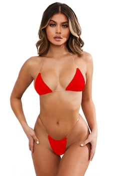 OEM - mini bikini, átlátszó pántok, tanga bikinialsó, piros, M, Piros