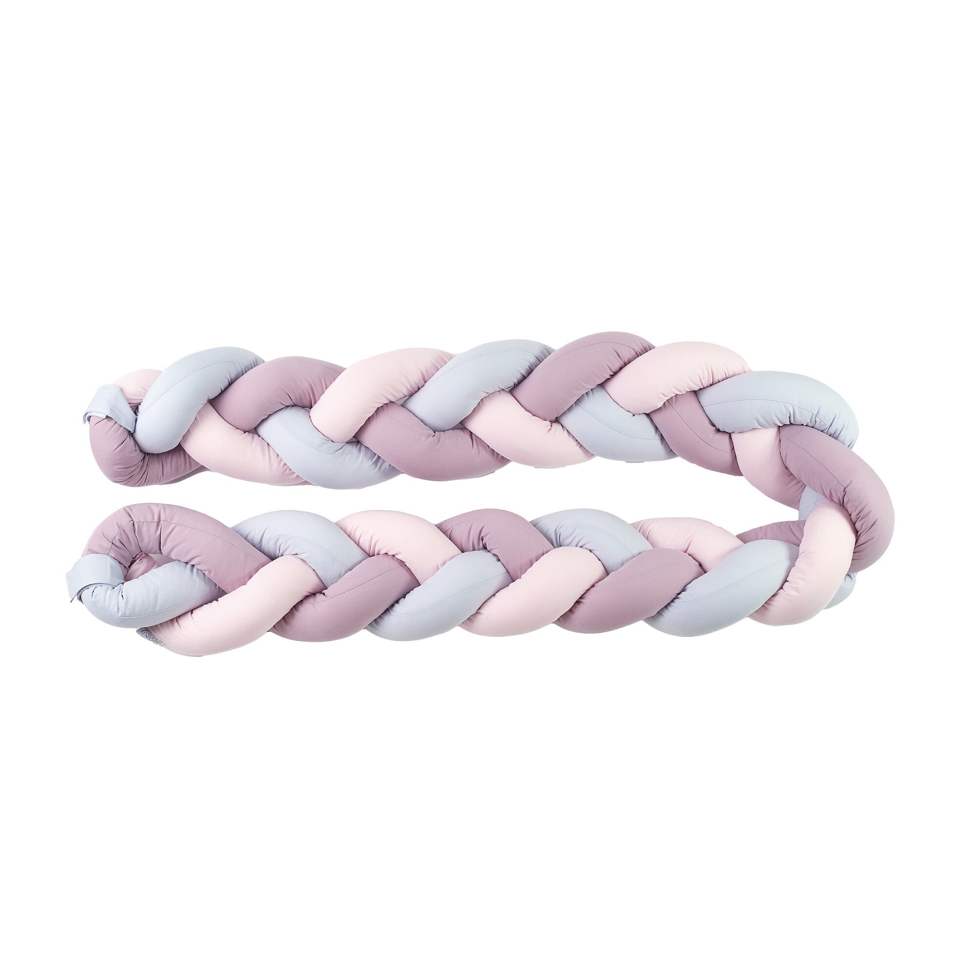 Protectie laterala patut bebe, Bumper impletit, Inchidere Velcro, Bumbac Uni Grey Lilac Pink, 340 cm