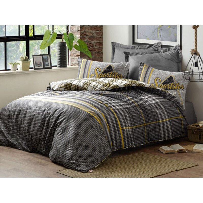 Lenjerie de pat dublu, 4 Piese, bumbac 100%, Cottonbox, model Leonardo Gri