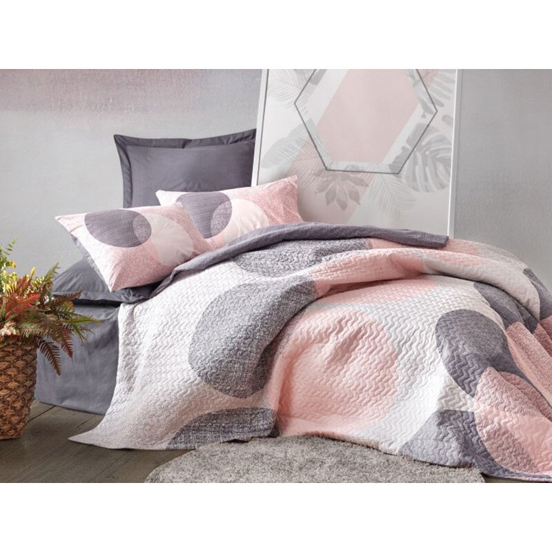 Set Lenjerie de pat dublu si cuvertura, 4 piese, bumbac 100%, Cottonbox, model Leron Gri