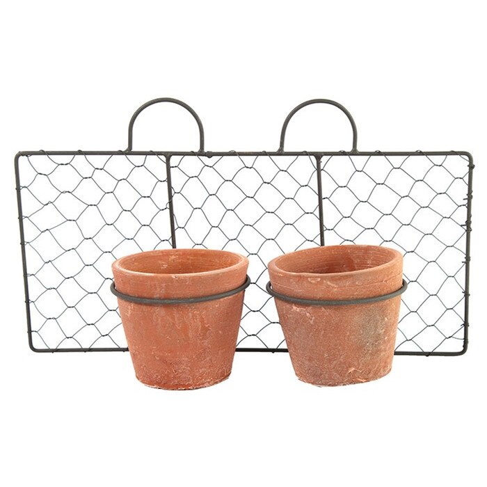 Suport metalic negru de perete cu 2 ghivece de teracota, 36x11x21 cm