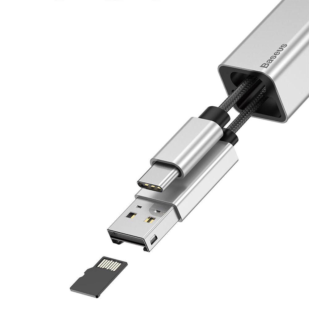Cablu Baseus USB la Type-C cu cititor card microSD, Silver