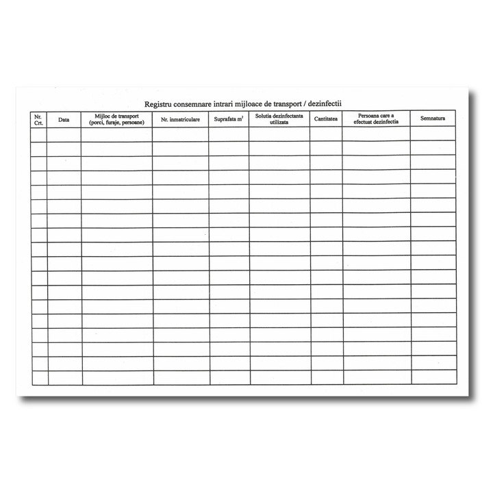 Registru consemnări intrări mijloace de transport și dezinfectii, A4, orizontal, 100 file, uz veterinar