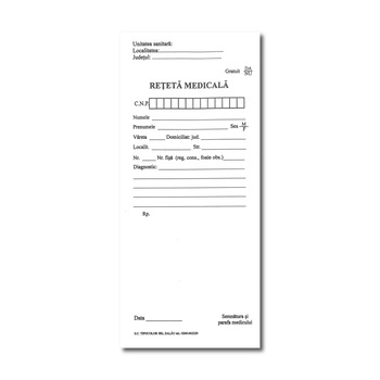 Retete medicale, 1/3 A4, hartie offset 60 gr/mp, 1 exemplar, 100 file Retete medicale, 1/3 A4, hartie offset 60 gr/mp, 1 exemplar, 100 file