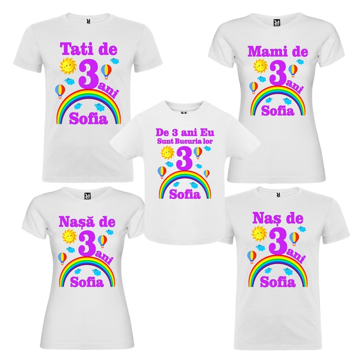 Set de 5 tricouri aniversare pentru nasi, parinti si copil, personalizate cu nume, varsta si mesaj, eu sunt bucuria lor