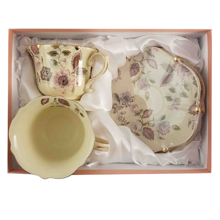 Serviciu cafea Vintage Flowers, Jovy, 2 Cesti cu farfurii, Portelan