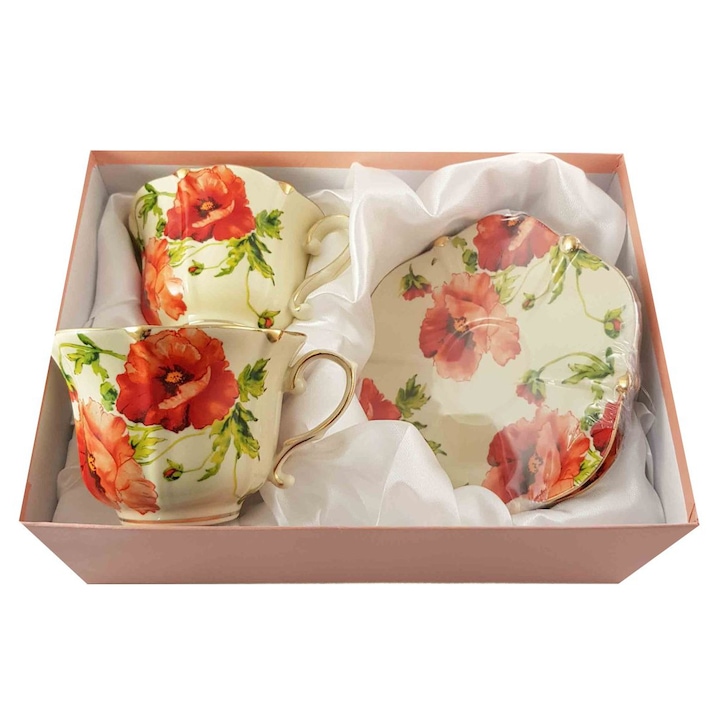 Serviciu Cafea Vintage Poppies , Jovy, 2 Cesti cu farfurii, Portelan