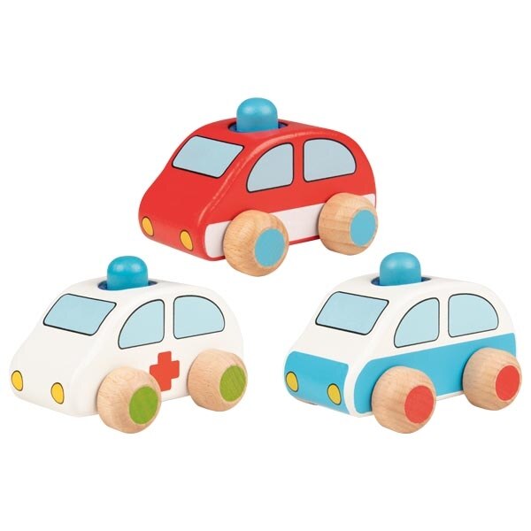 Set 3 masinute interventie din lemn, Goki, cu claxon, baieti/fete, +1 an