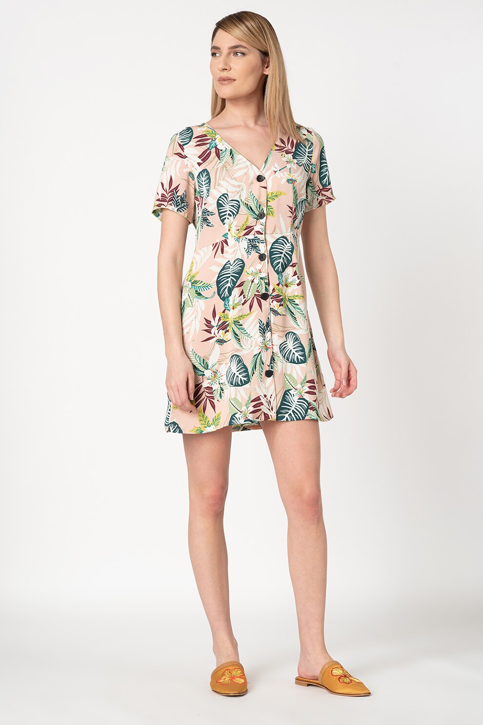 Only, Rochie cu decolteu in V Lizbeth, Roz/Verde englez