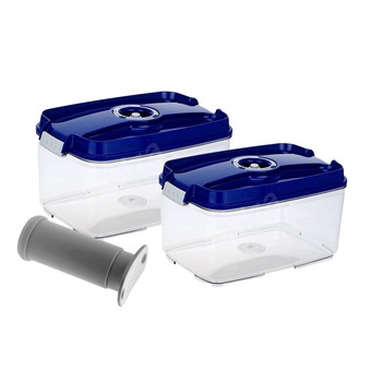 Caserole de vidare Status, 2 recipiente de plastic + 2 tavite separatoare + pompa manuala de vidare, albastru Caserole de vidare Status, 2 recipiente de plastic + 2 tavite separatoare + pompa manuala de vidare, albastru