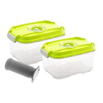 Caserole de vidare Status, 2 recipiente de plastic + 2 tavite separatoare + pompa manuala de vidare, verde Caserole de vidare Status, 2 recipiente de plastic + 2 tavite separatoare + pompa manuala de vidare, verde