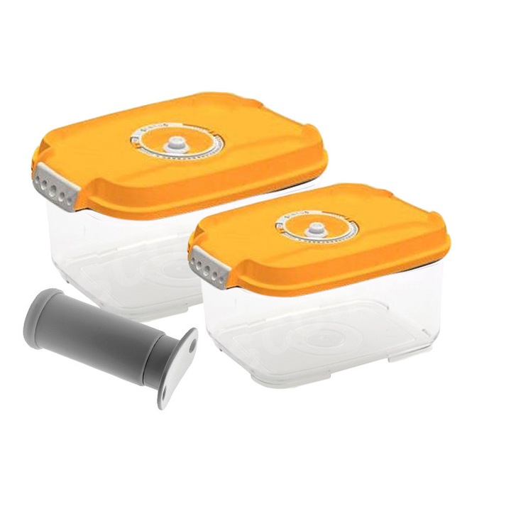 Caserole de vidare Status, 2 recipiente de plastic + 2 tavite separatoare + pompa manuala de vidare, portocaliu