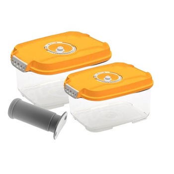 Caserole de vidare Status, 2 recipiente de plastic + 2 tavite separatoare + pompa manuala de vidare, portocaliu Caserole de vidare Status, 2 recipiente de plastic + 2 tavite separatoare + pompa manuala de vidare, portocaliu
