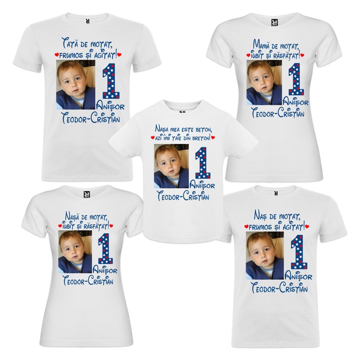 Set de 5 tricouri aniversare pentru nasi, parinti si copil, personalizate cu nume, varsta, mesaj si poza