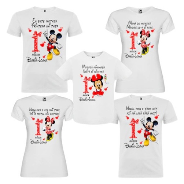 Set de 5 tricouri aniversare pentru nasi, parinti si copil, personalizate cu nume, varsta si mesaj, motata minunata iubita si alintata Minnie