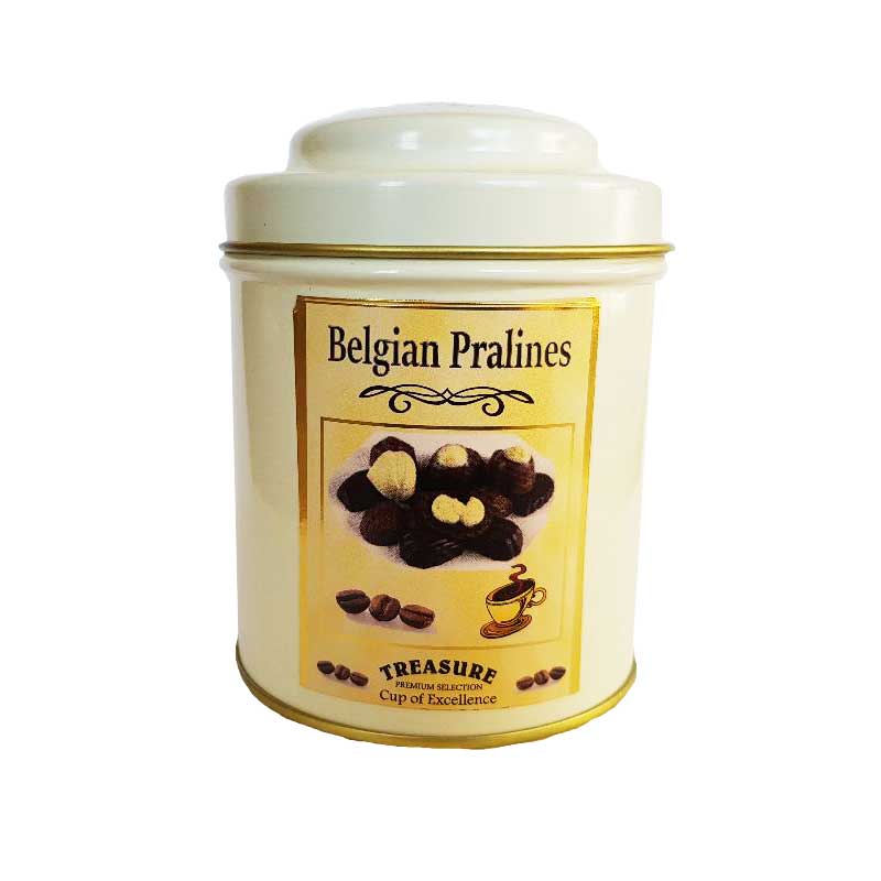 Cafea cu aroma Praline Belgiene,Cutie metalica 75gr ,Boabe,Treasure