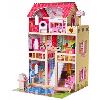 Casuta din Lemn pentru Papusi, FUN VILLA, cu Piscina, Complet Mobilata, Iluminare LED, 3 Etaje, 90 cm Inaltime, Multicolora Casuta din Lemn pentru Papusi, FUN VILLA, cu Piscina, Complet Mobilata, Iluminare LED, 3 Etaje, 90 cm Inaltime, Multicolora
